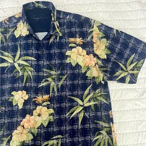 Tommy Bahama Navy Golden Flower Paradise Hawaiian Camp Shirt XL